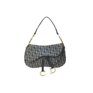 Christian Dior Trotter Double Saddle Bag Canvas Leather Navy Blue Gold